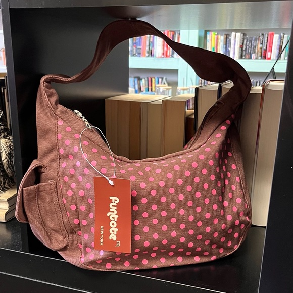 Brown and Pink Polka Dot Canvas Funtote Bag NWT! Last One! - Picture 1 of 7